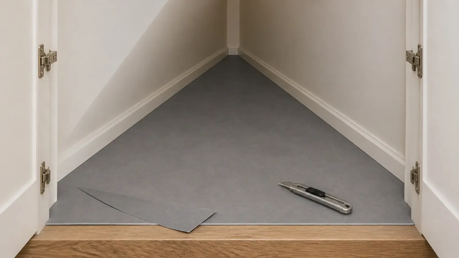 vinyl floor covering cut to fit an under stairs cupboard base