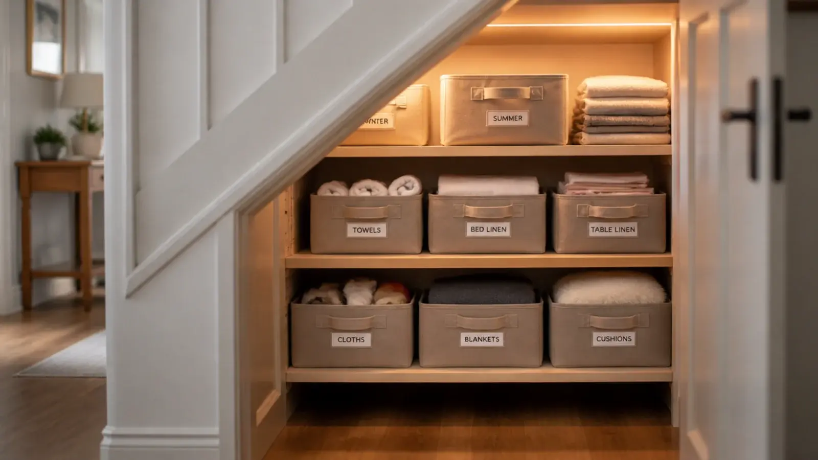 organised under stairs cupboard storage with batten shelves and labelled boxes