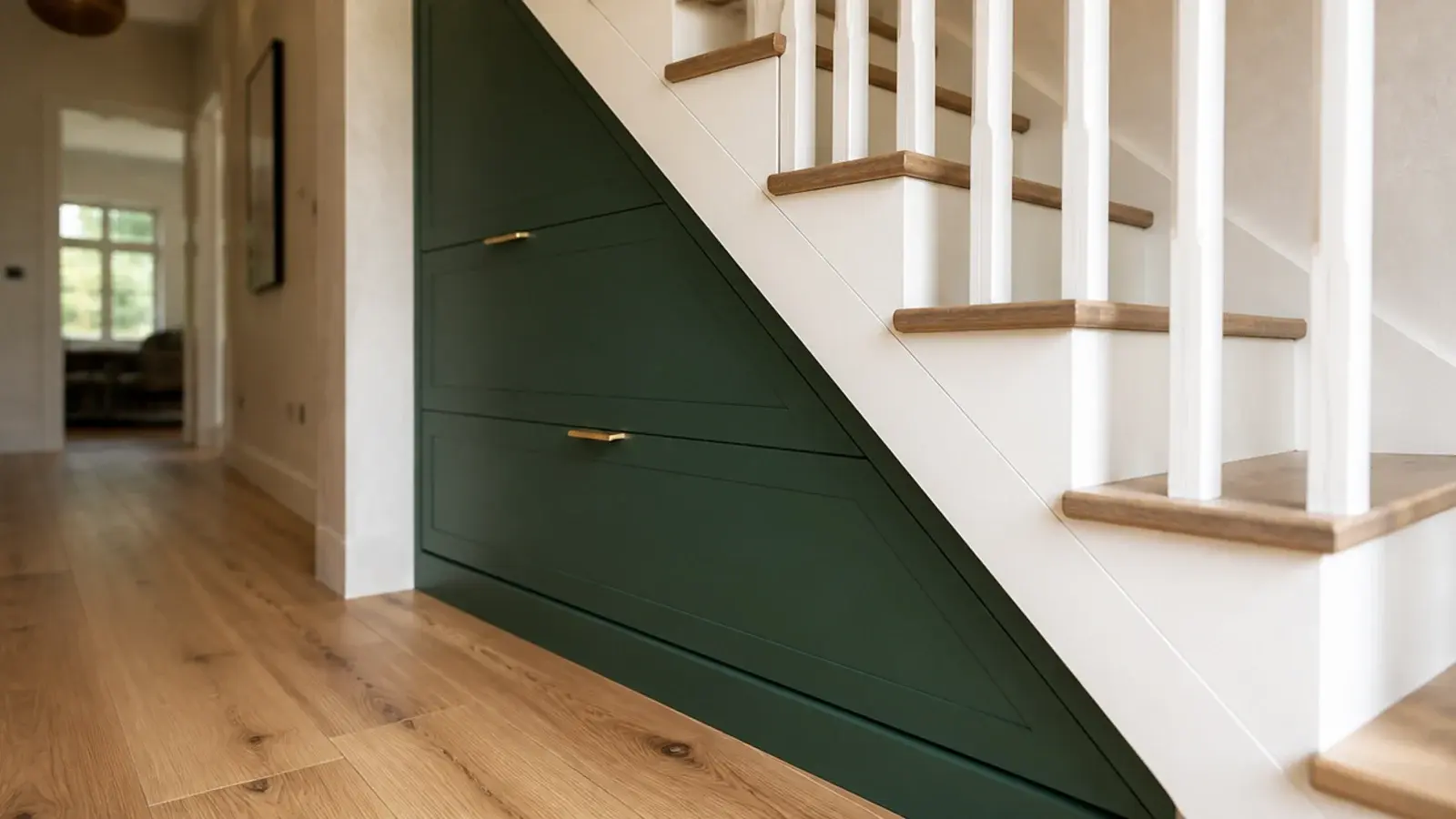 fitted under stairs storage with painted drawer fronts following the staircase rake