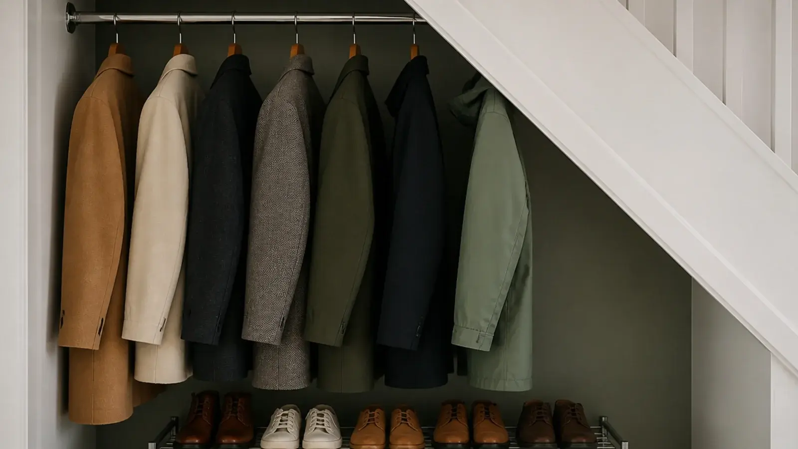 single hanging rail of coats set under a sloping stair soffit
