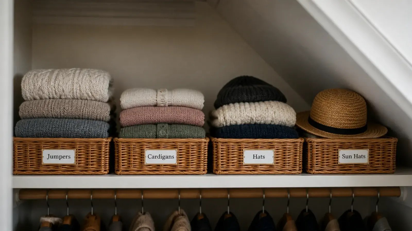 labelled baskets of seasonal clothing on a high closet shelf