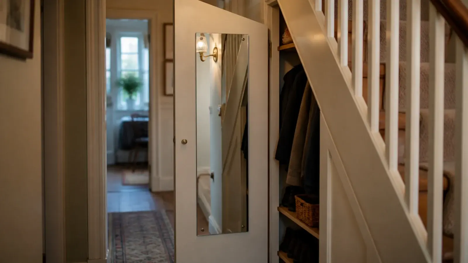 narrow mirror mounted on the inside face of a closet door