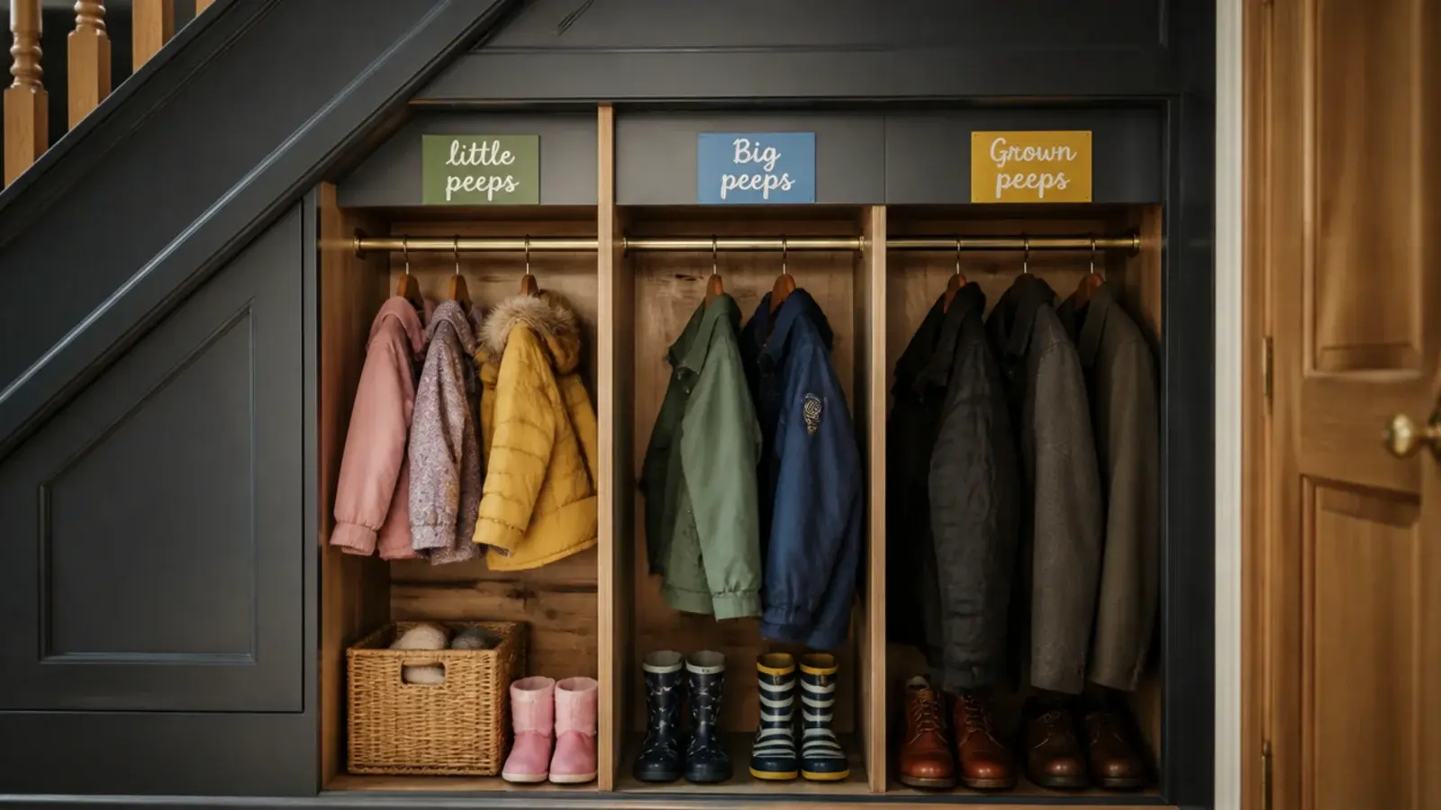 closet rail divided into labelled sections for different family members