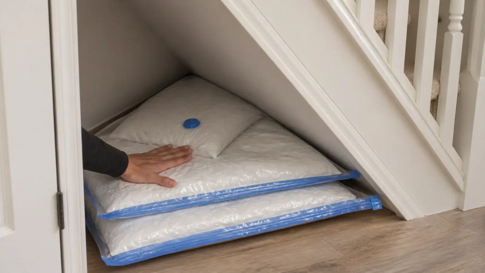 flat vacuum bags of bedding pushed into the tightest closet corner