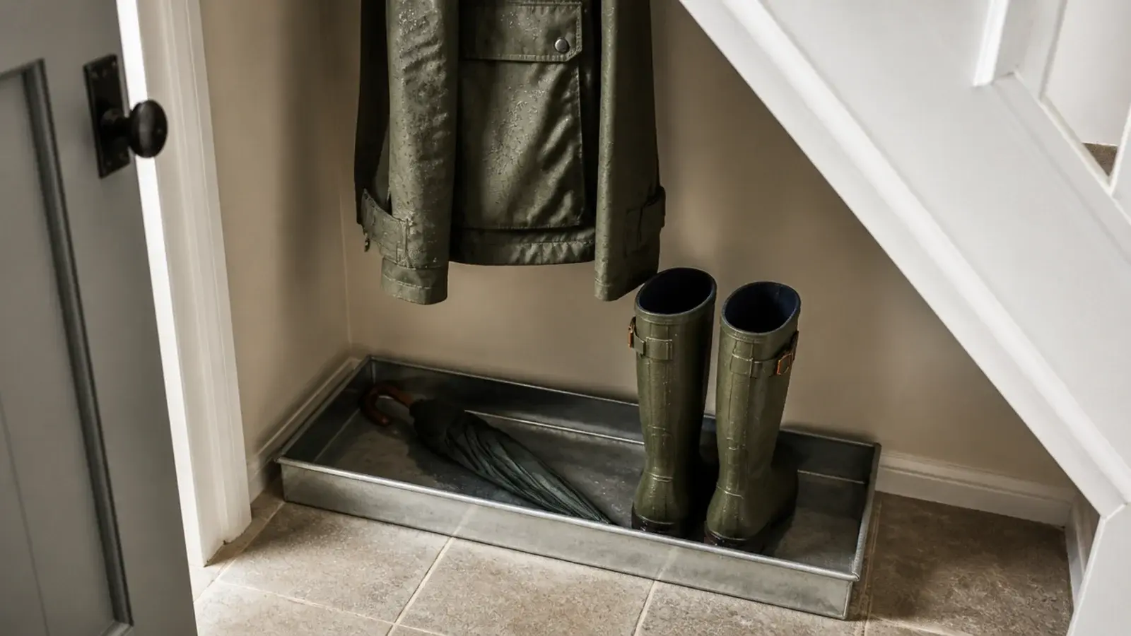 shallow metal tray catching drips from wet coats and umbrellas