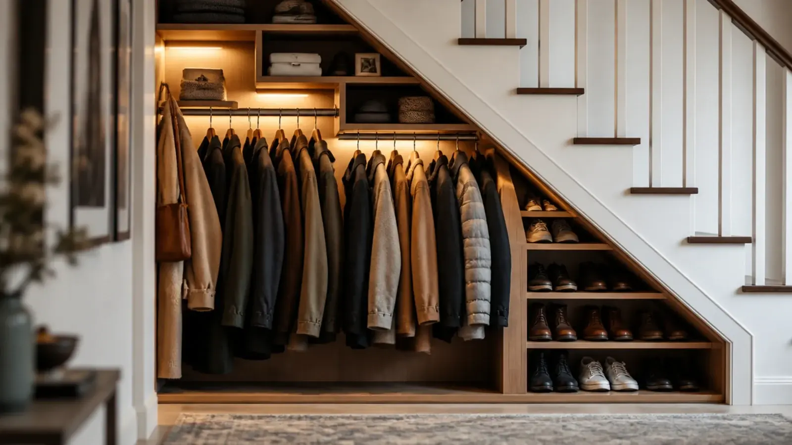 fitted under stairs storage closet with a hanging rail and stepped shelves
