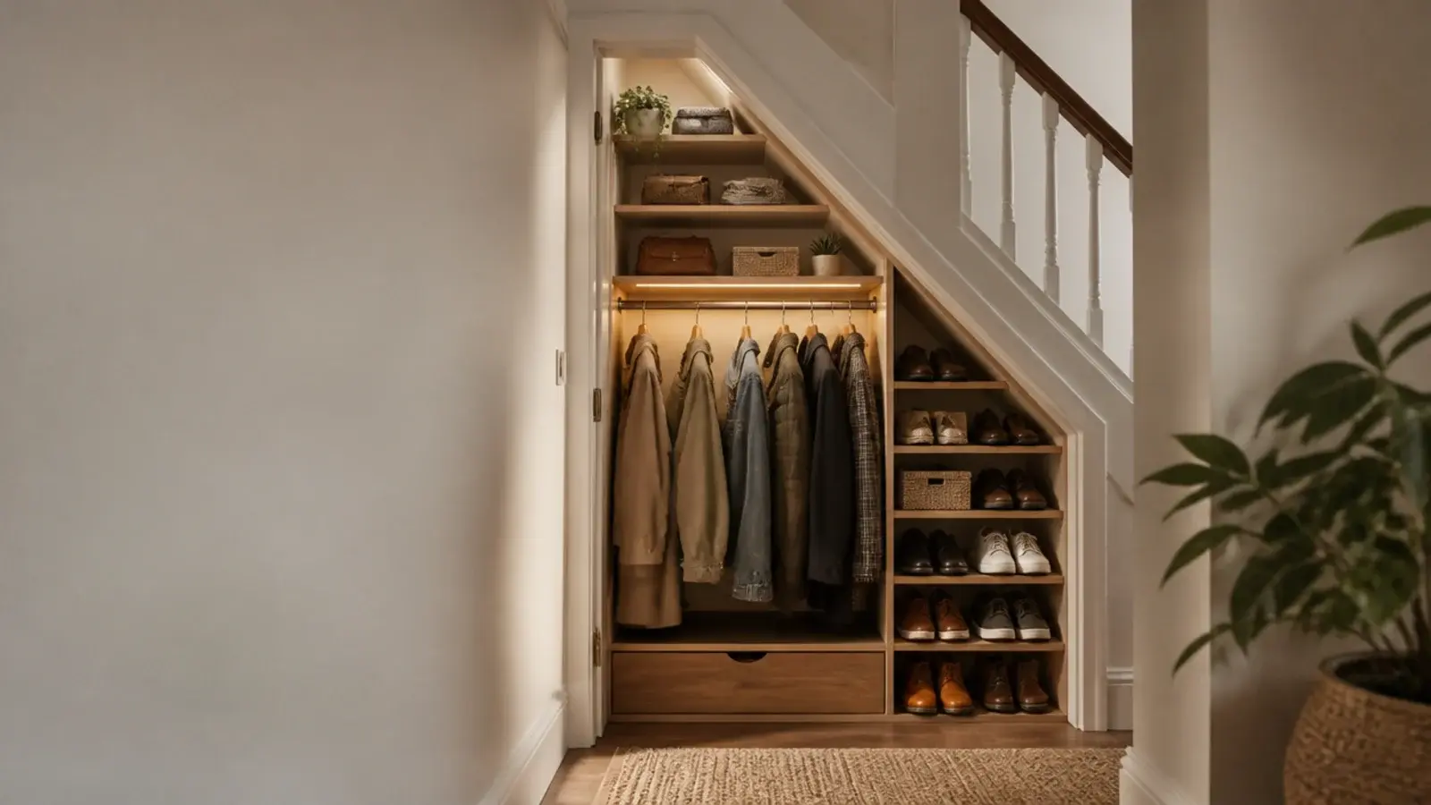 tall view of an under stairs storage closet with rail shelves and shoes