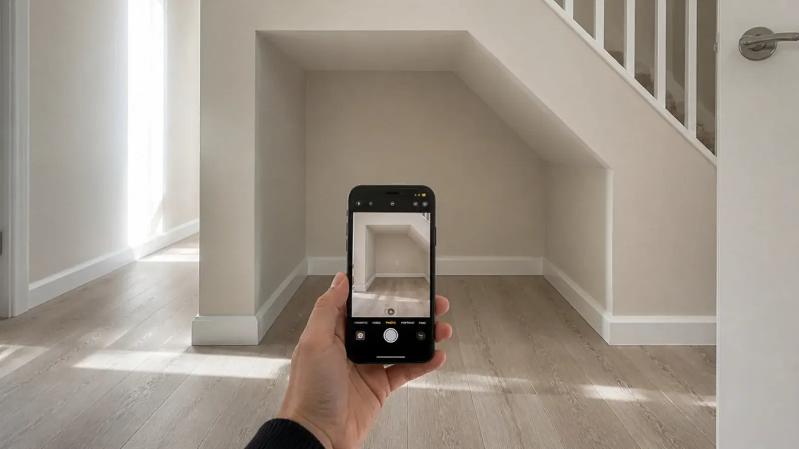 phone photographing an empty stair recess before anything is moved in