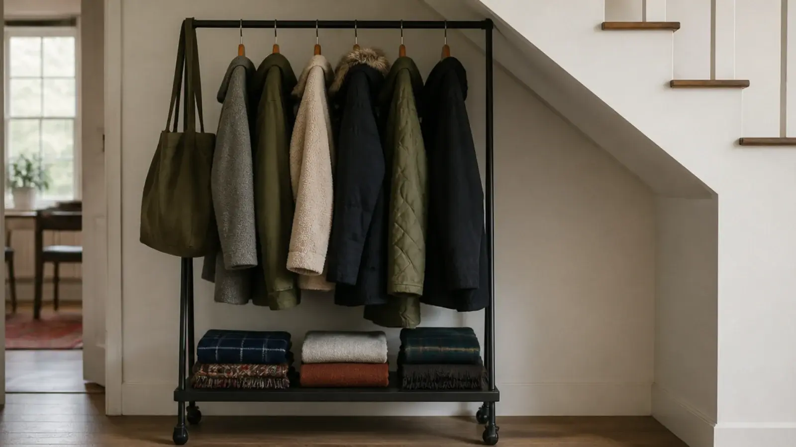 black metal garment rack of coats standing in a stair recess
