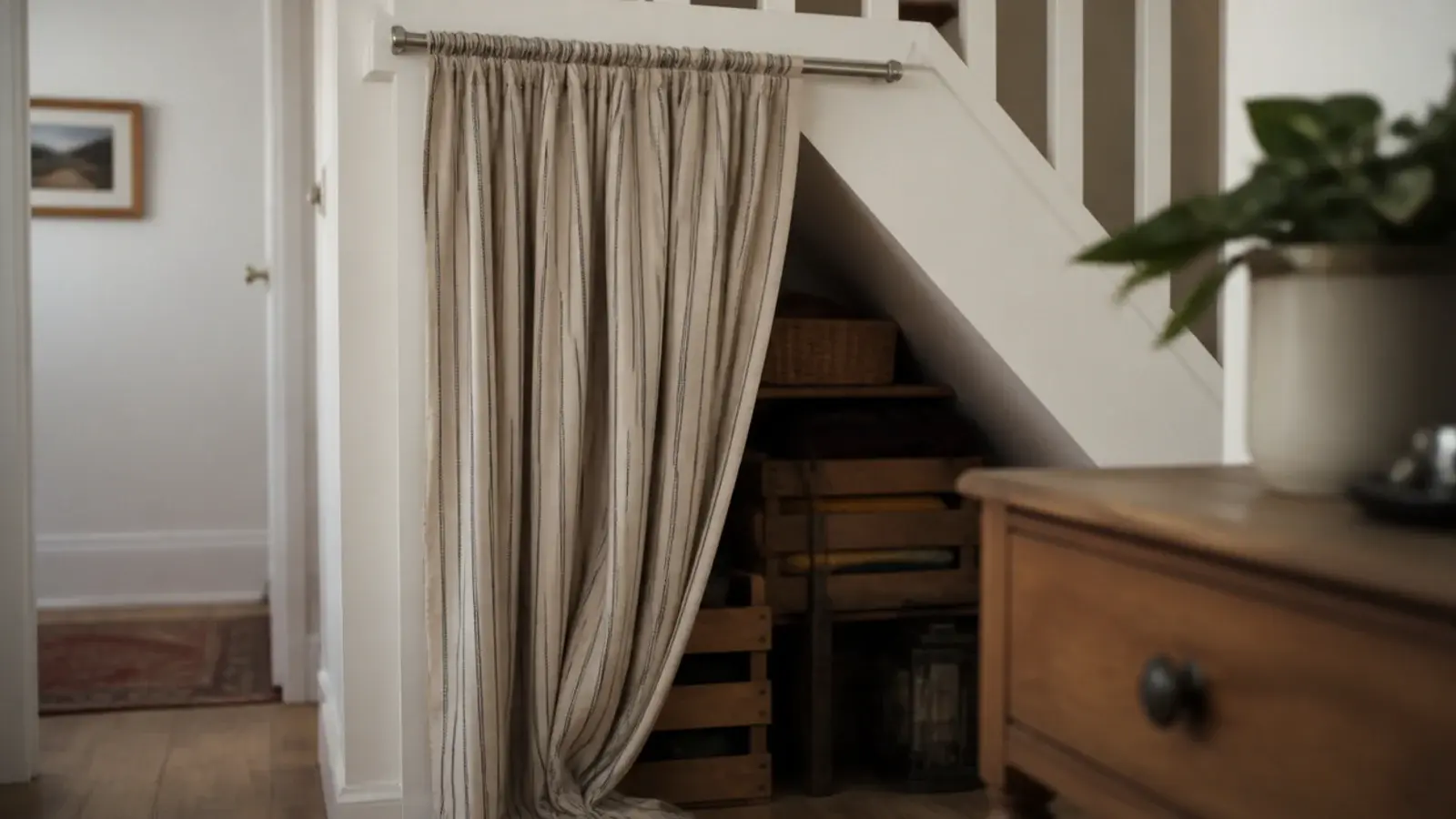 striped curtain hung on a tension rod across an under stairs opening