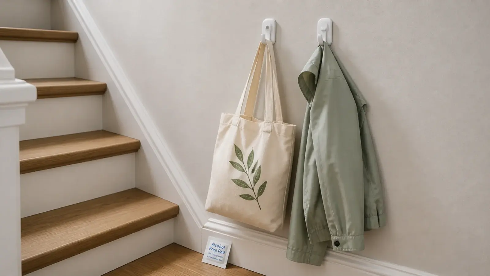 adhesive hooks holding a tote bag on a painted stair flank wall