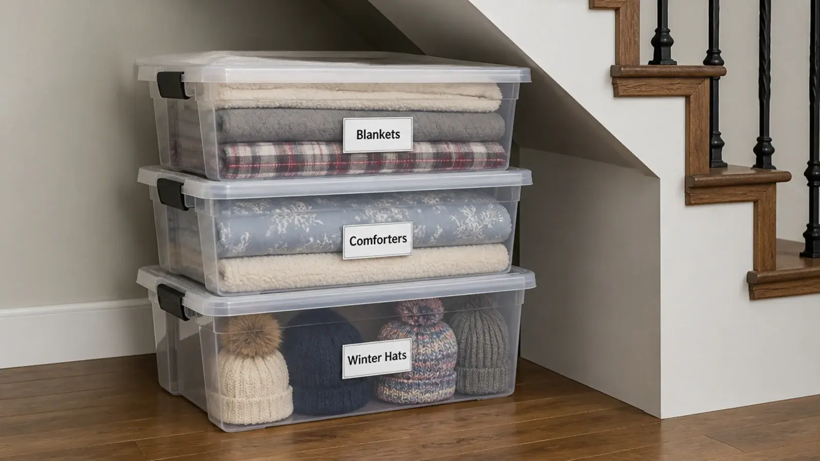 clear lidded boxes stacked three high under low stair treads