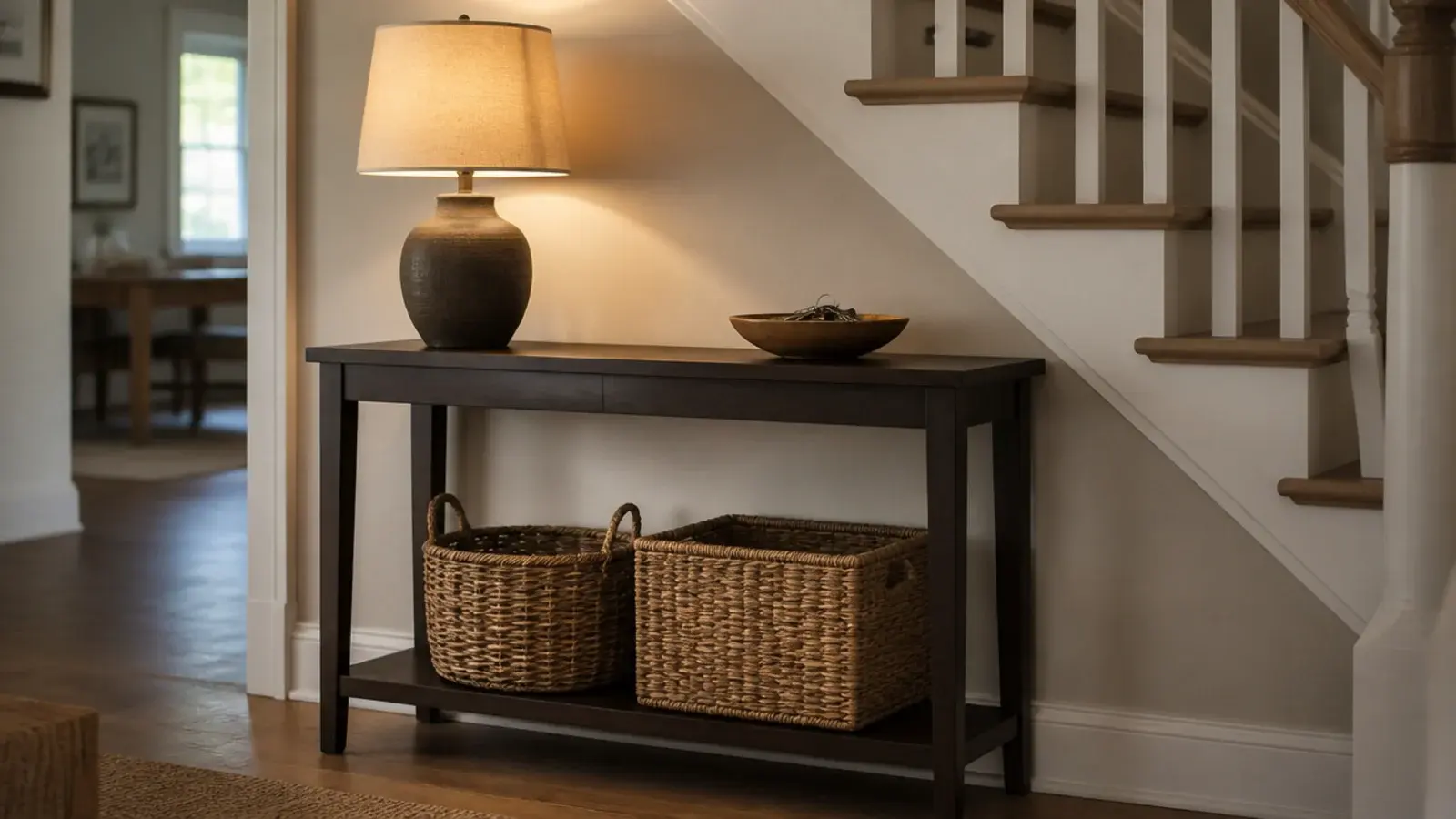 slim console table standing across the front of a stair recess
