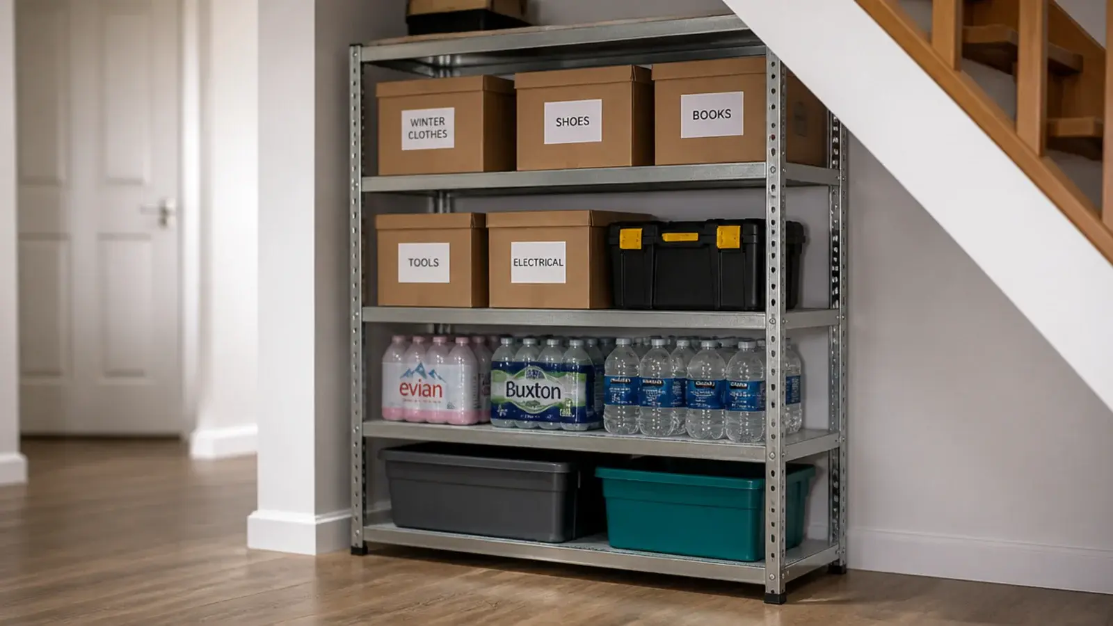 galvanised metal shelving unit holding boxes under a staircase