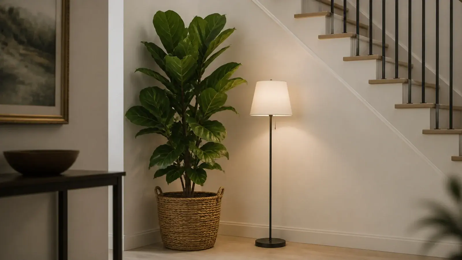 large potted plant standing in the tall corner beneath a staircase