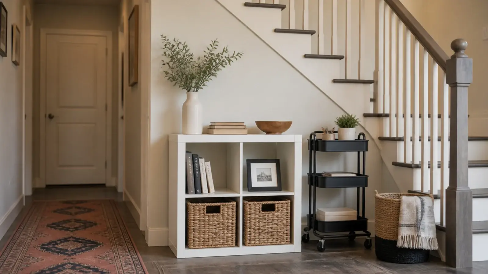 renter friendly under stairs storage ideas using freestanding units and baskets