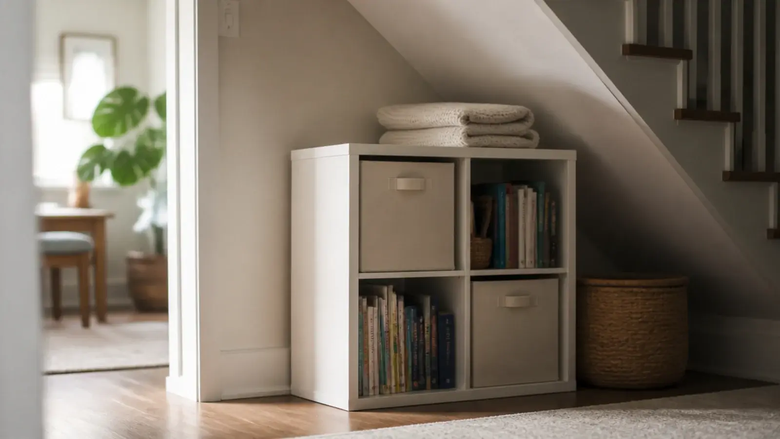 square cube shelving unit laid horizontally beneath a stair soffit