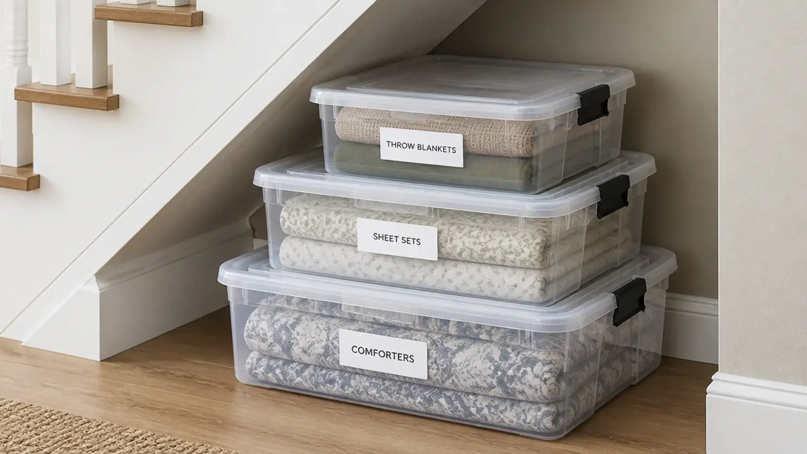 clear lidded boxes in graduated sizes stacked under low treads