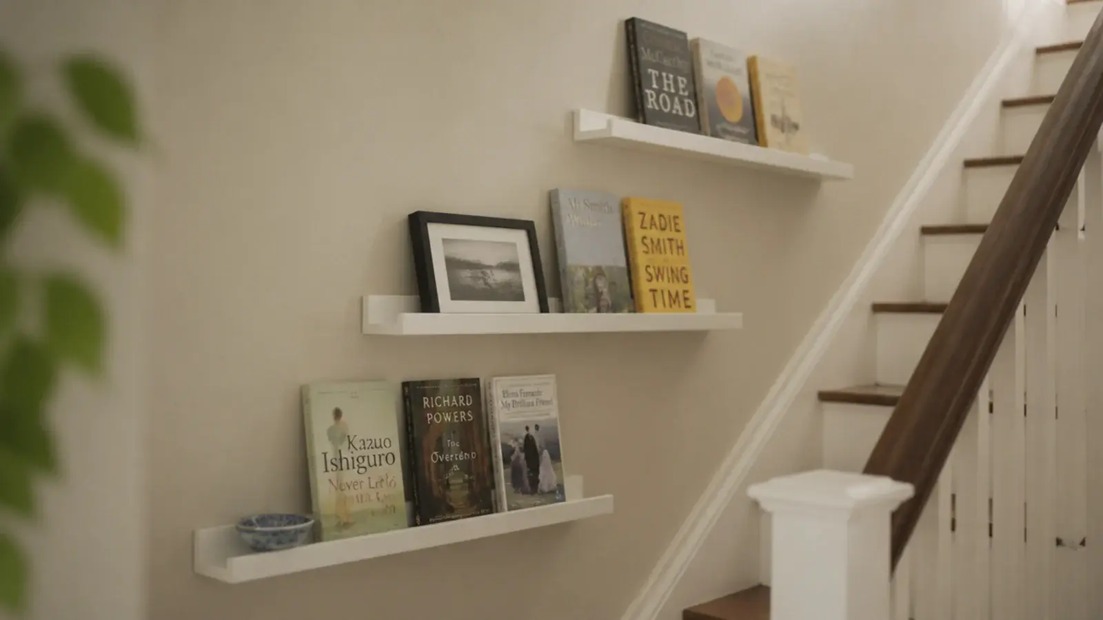 narrow picture ledges stepped along the outside of a staircase