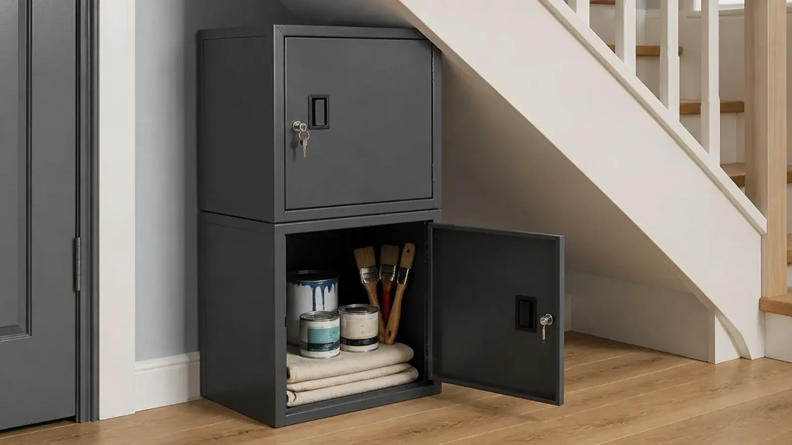 small metal cabinets stacked under a staircase holding tools