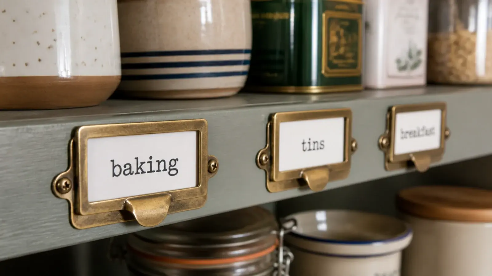 small card labels pinned along the front edges of pantry shelves