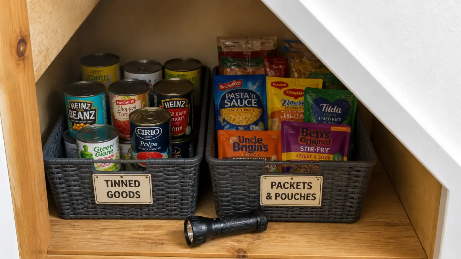 labelled baskets of tinned backup stock in a deep pantry corner