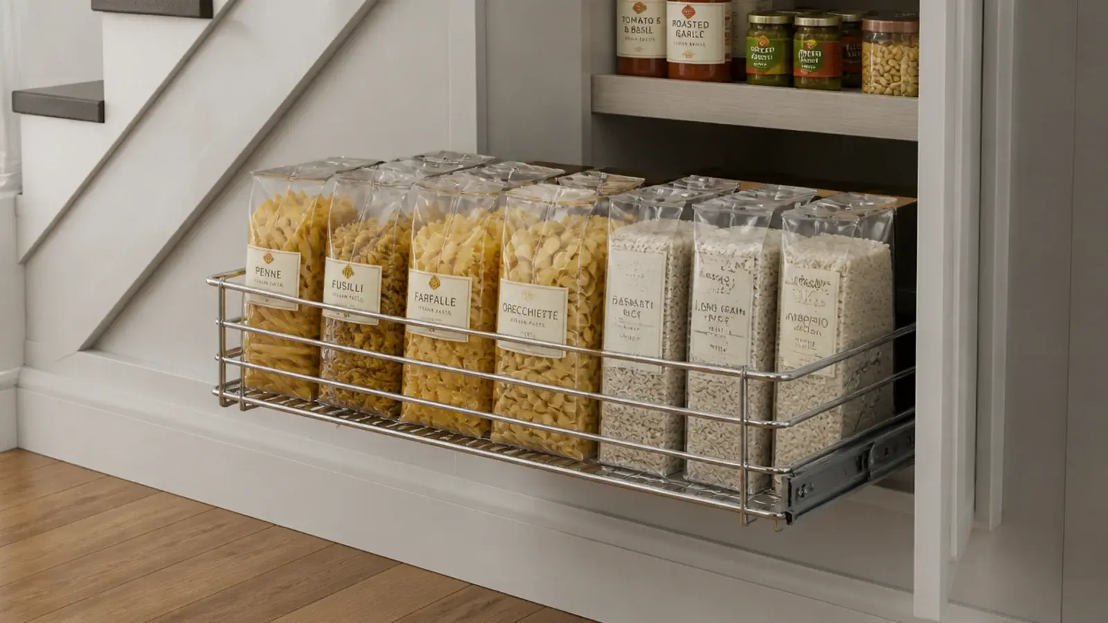 wire drawer of packets pulled out inside an under stairs pantry
