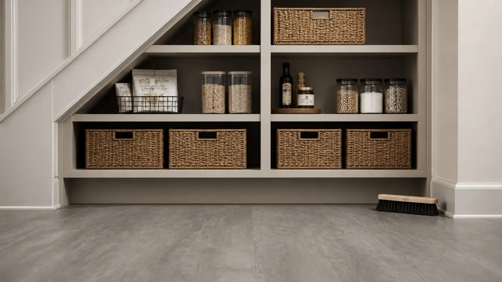 recessed toe kick beneath pantry shelving with vinyl flooring