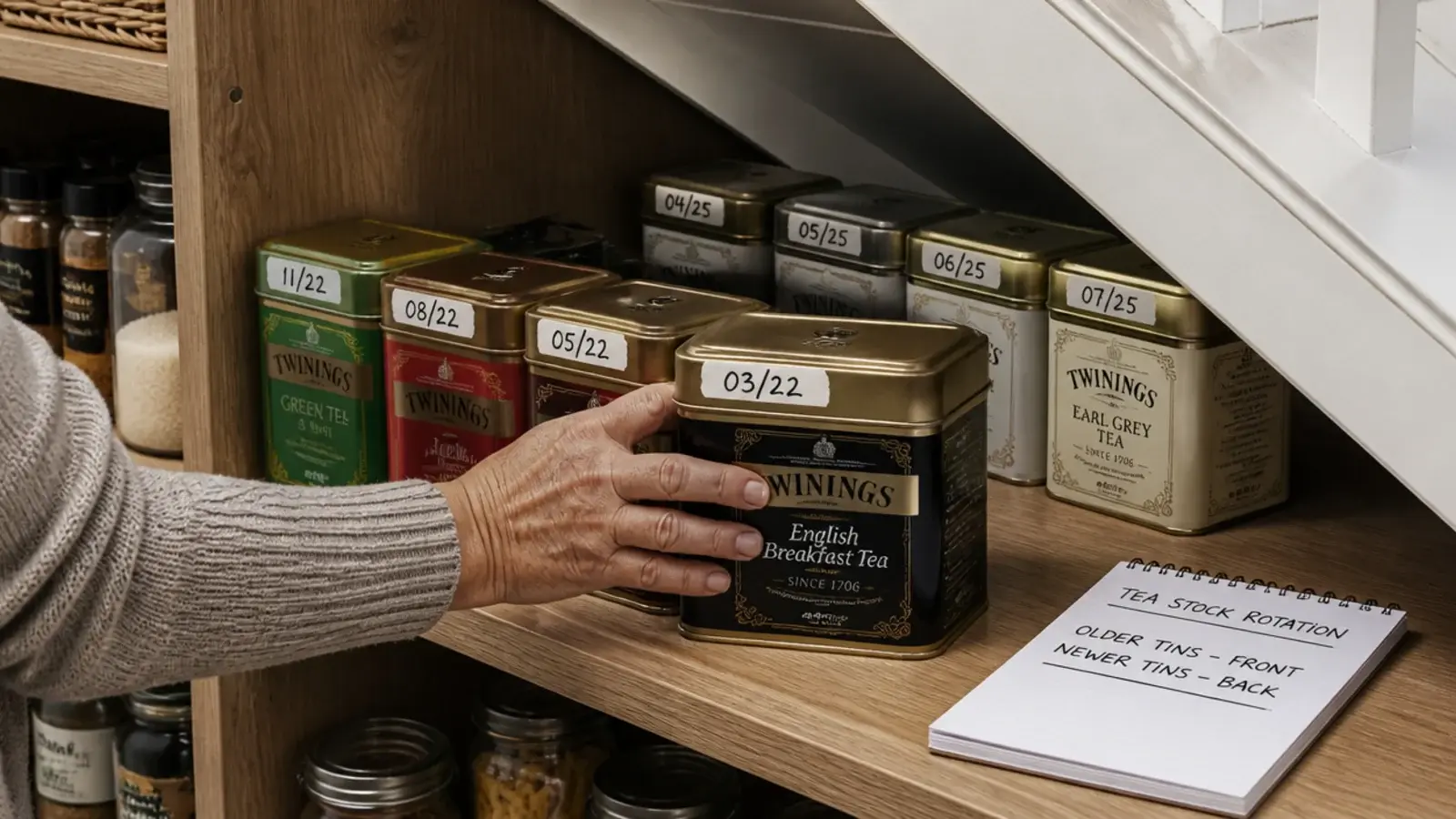 hand moving older tins forward on a pantry shelf during a sort