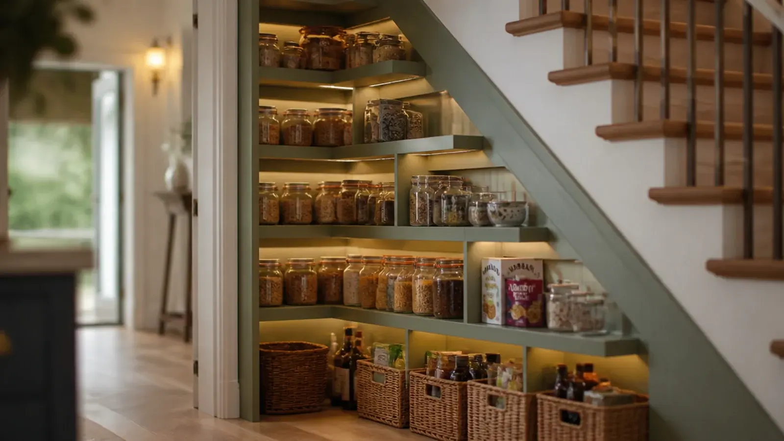 under stairs storage pantry with stepped shelves of jars tins and baskets