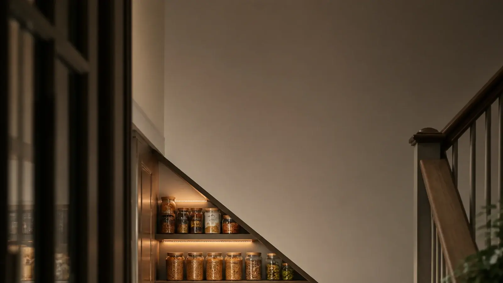 tall view of an under stairs storage pantry with jars tins and baskets
