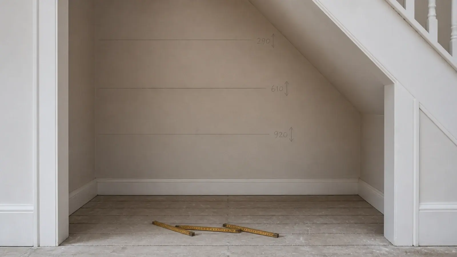 three chalk lines marked on a stair soffit showing storage height bands