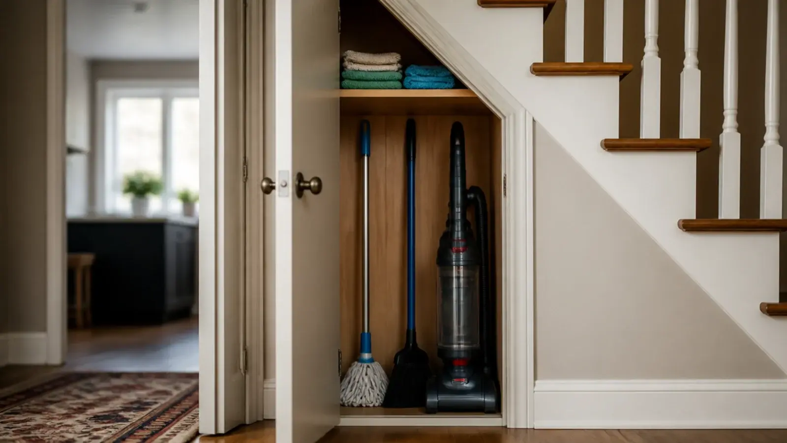 tall narrow broom cupboard holding mops and a vacuum under stairs