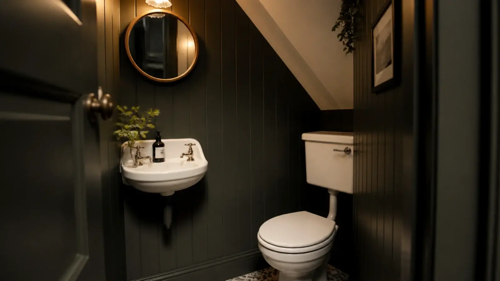 compact under stairs cloakroom with a corner basin and dark panelling