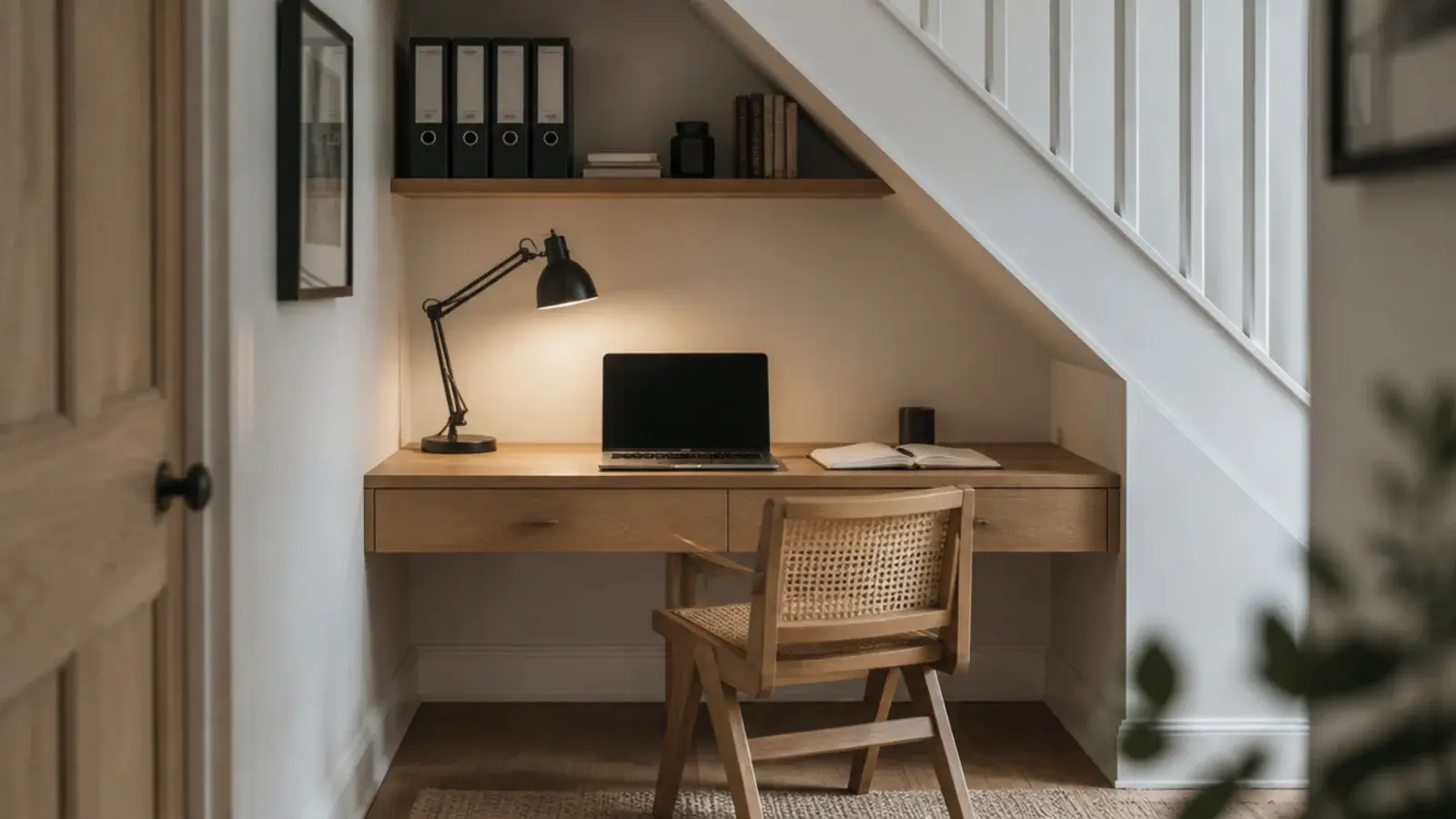fitted desk and shelf built into the tall end of a stair recess