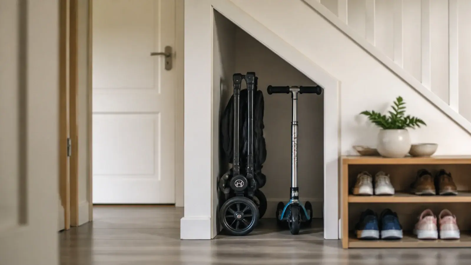 folded pushchair parked in an open recess beneath a staircase