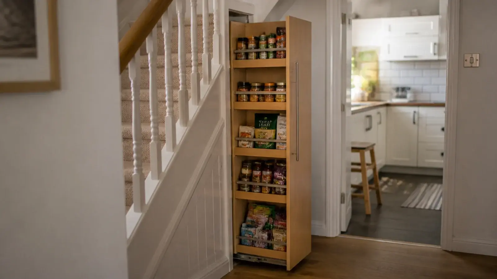 tall pull-out pantry tower drawn out from beneath a staircase