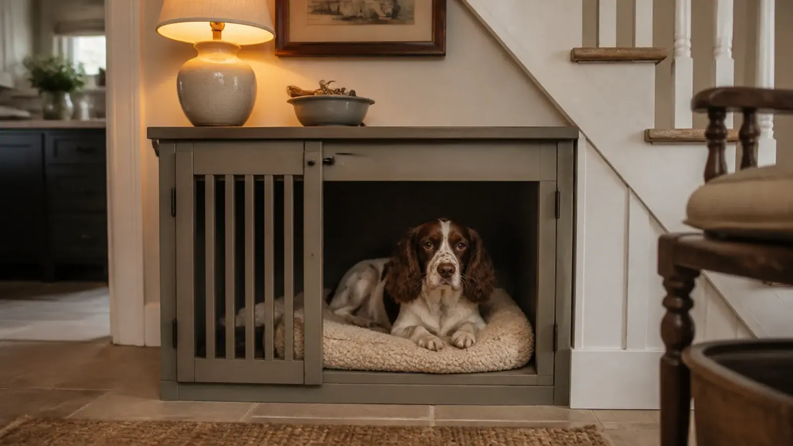 built in dog crate under stairs with a flat timber top surface