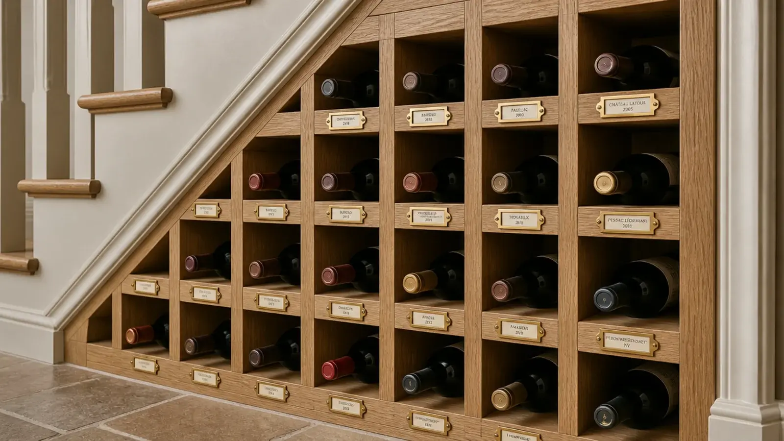 square timber wine cubbies holding bottles beneath a staircase