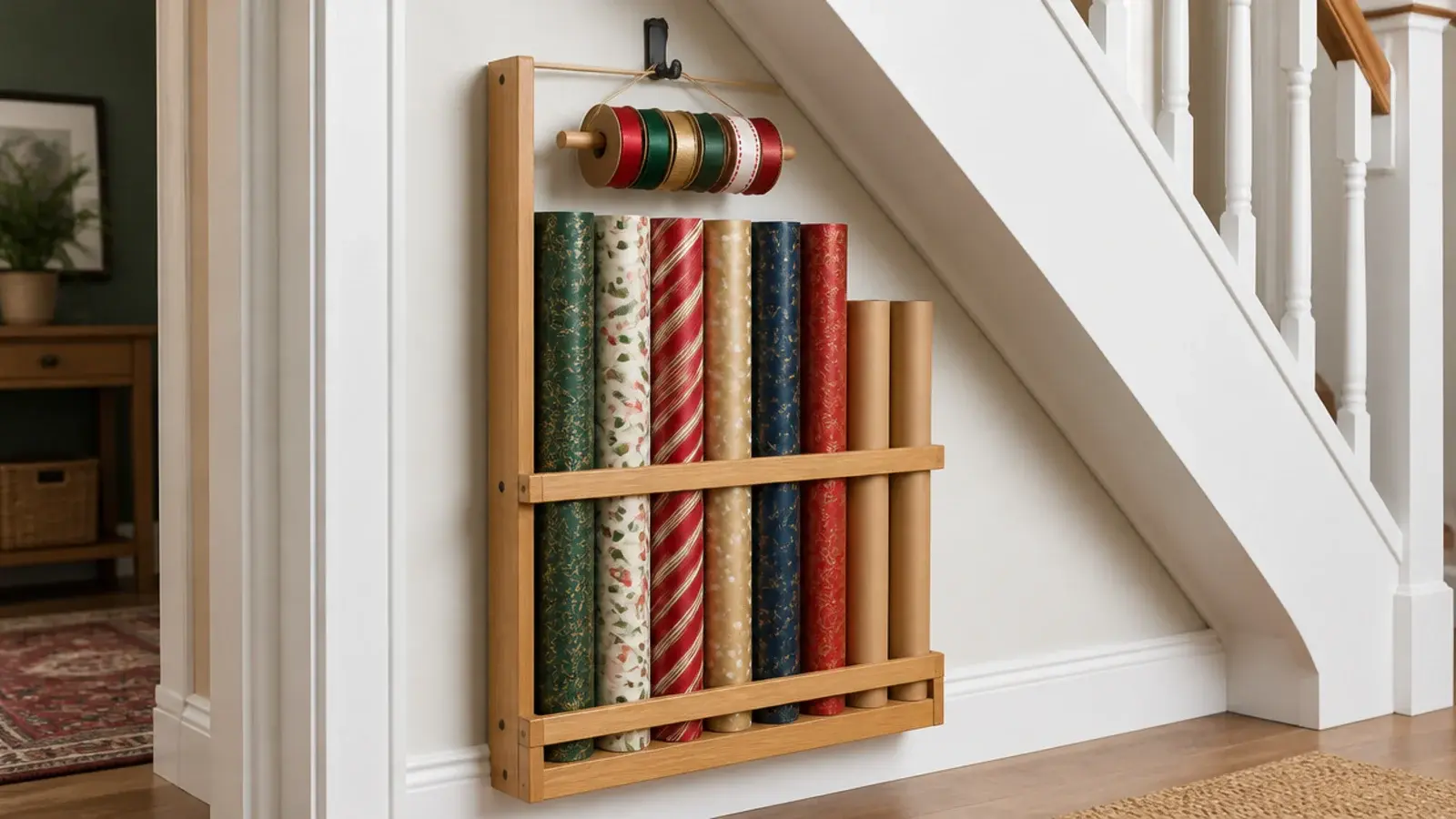 upright rolls of wrapping paper standing in a narrow timber rack