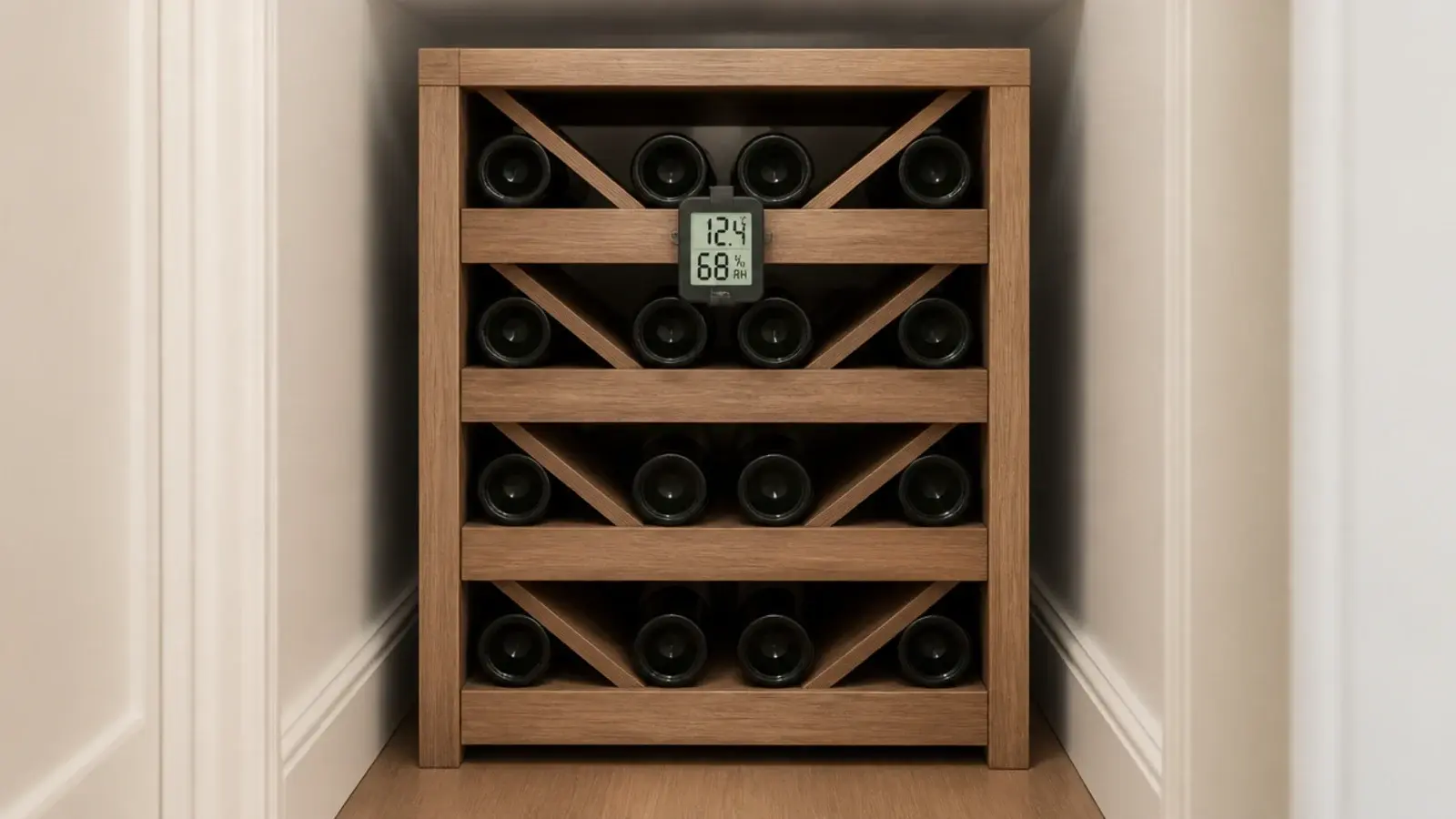 digital thermometer clipped to a wine rack in a hallway recess