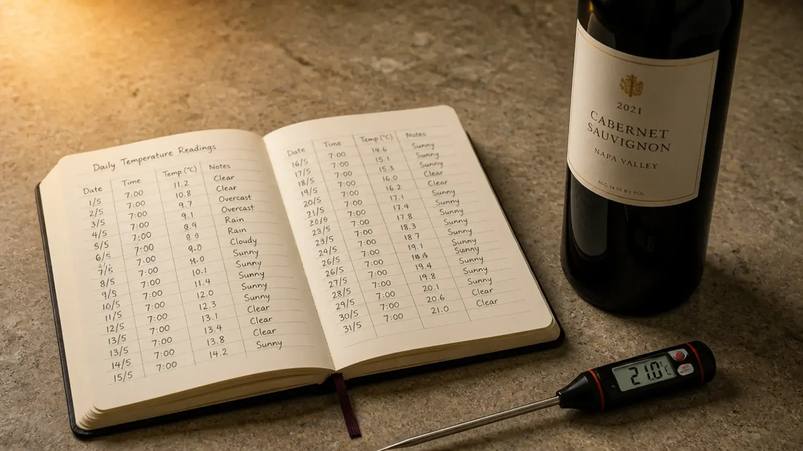 notebook of daily hallway temperature readings beside a wine bottle