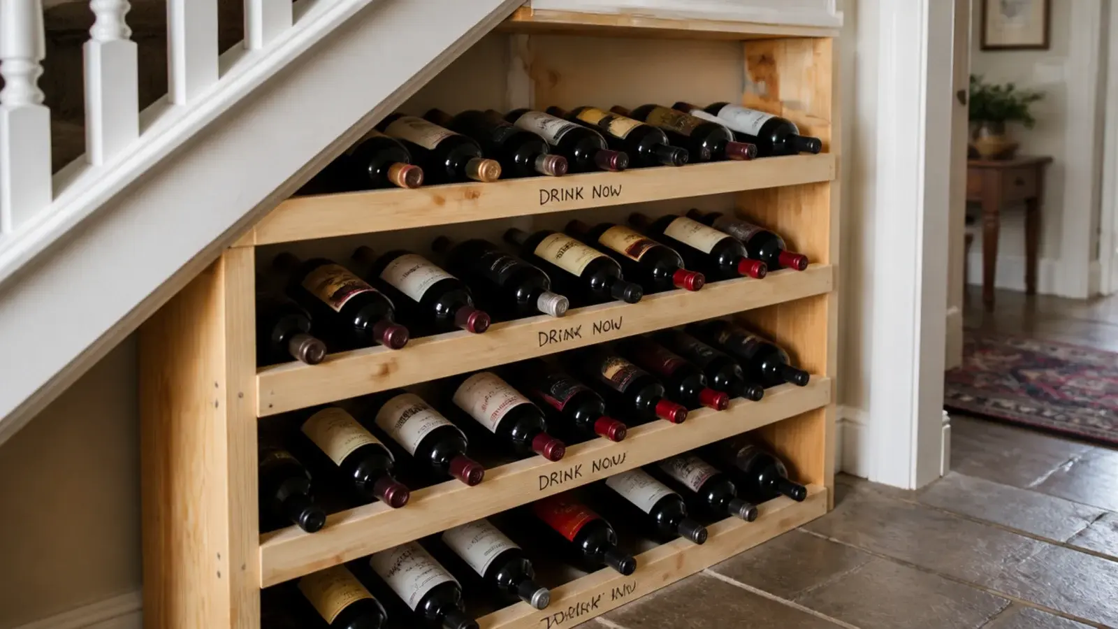 small run of everyday red wine bottles racked under a staircase