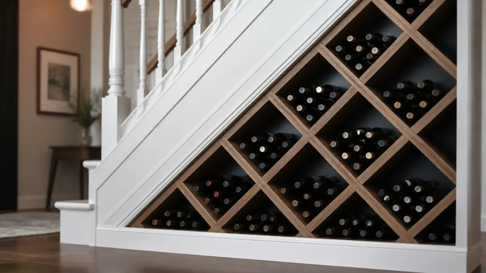 diamond shaped timber wine bins filled with bottles under stairs