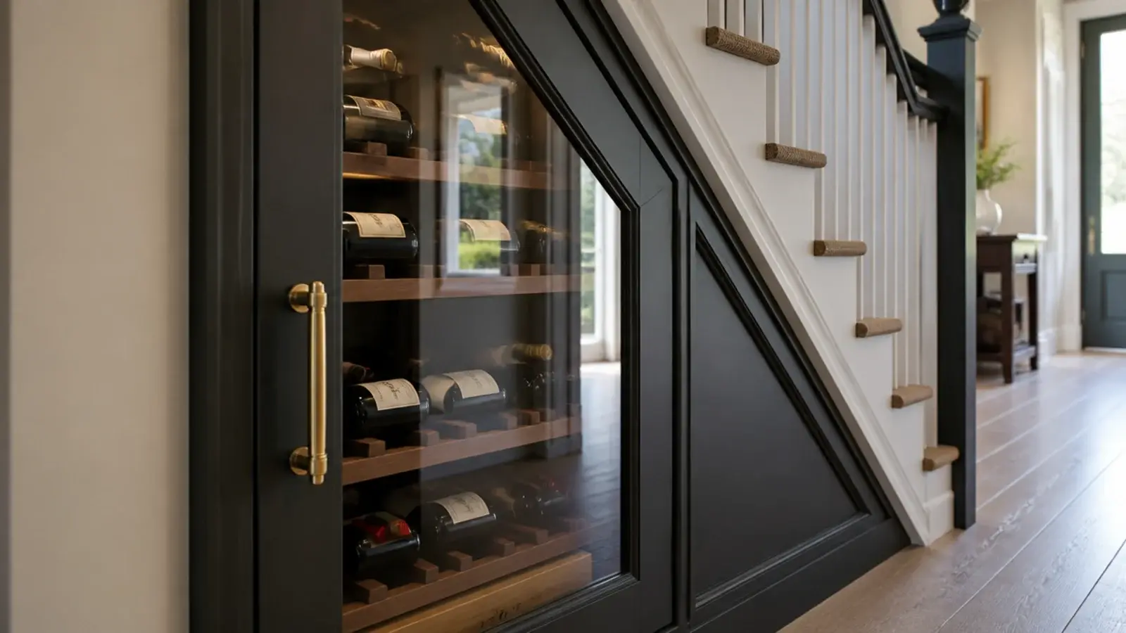 glazed wine cupboard door reflecting hallway light beside a staircase