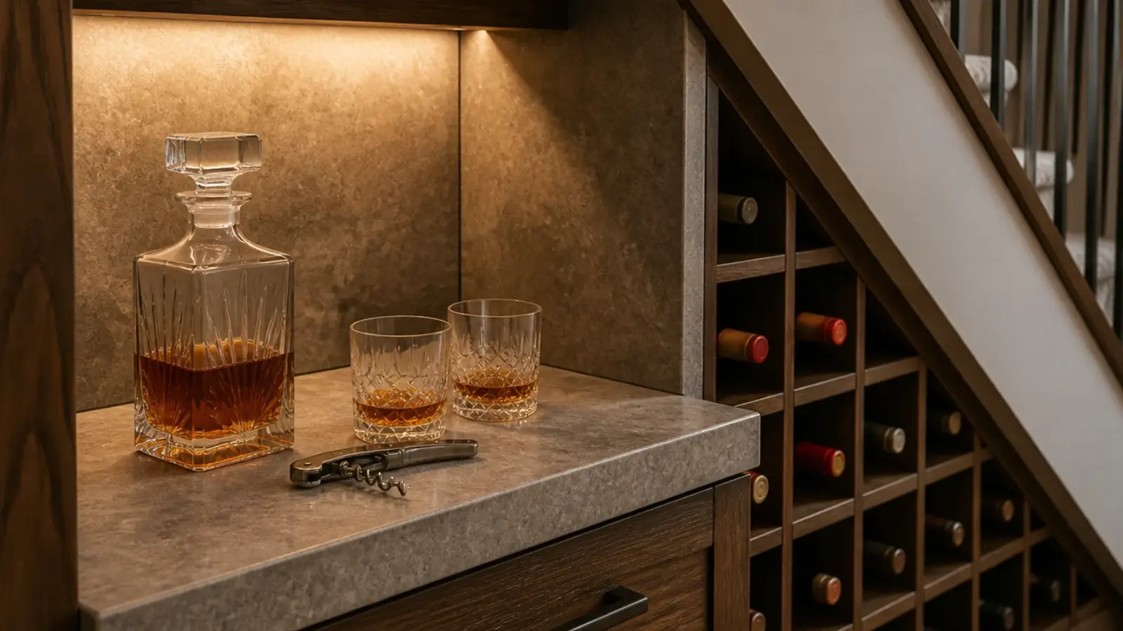 stone shelf beside under stairs wine racking holding a decanter