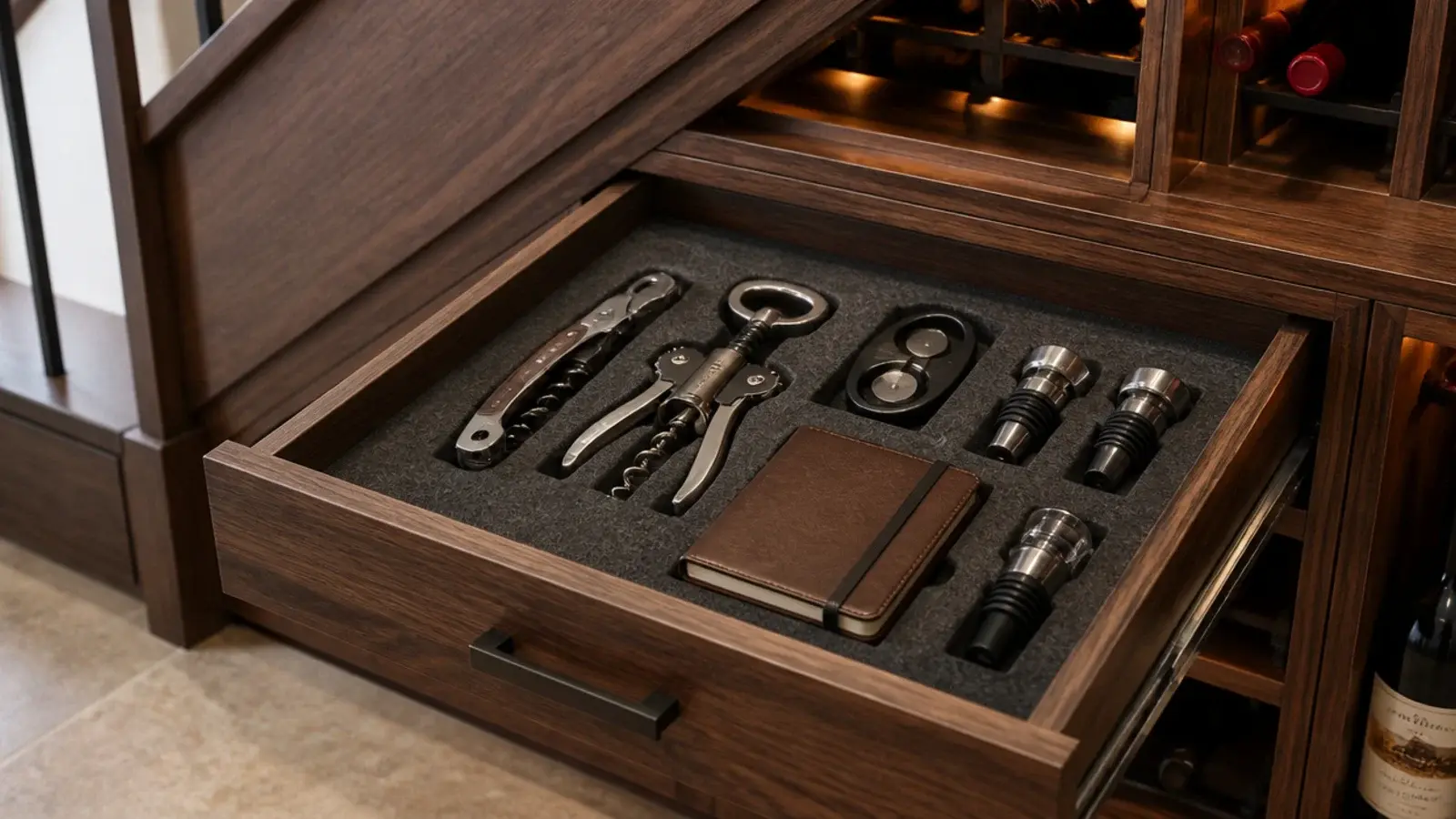 shallow drawer holding corkscrews foil cutters and bottle stoppers