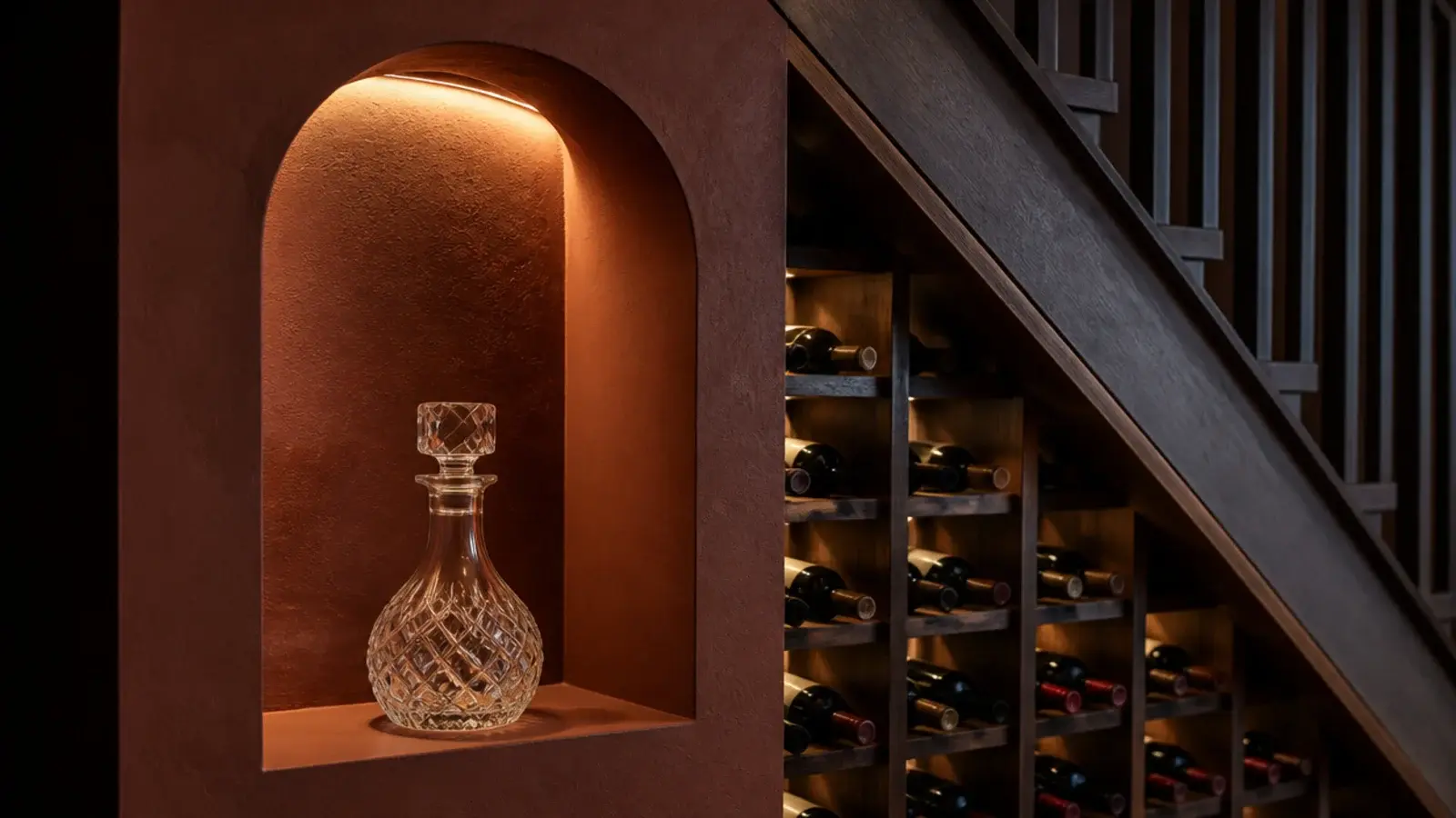 glass decanter standing in a lit recess beside under stairs racking