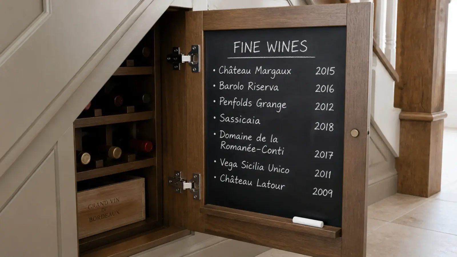 chalkboard panel inside a wine cupboard door listing bottles