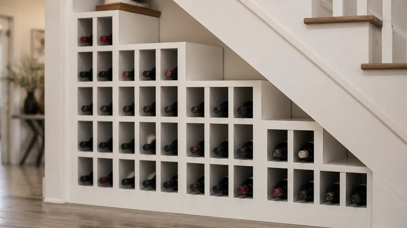 wine rack angled to follow the falling line of a stair soffit